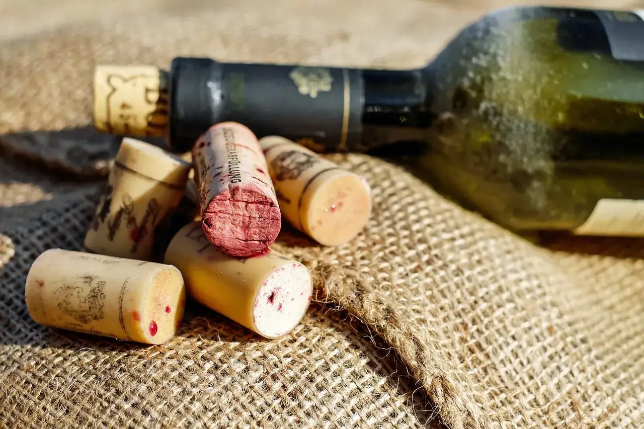 Wino z nakrętką czy korkiem? Mity i fakty. Kilka korków i butelka wina na płótnie.