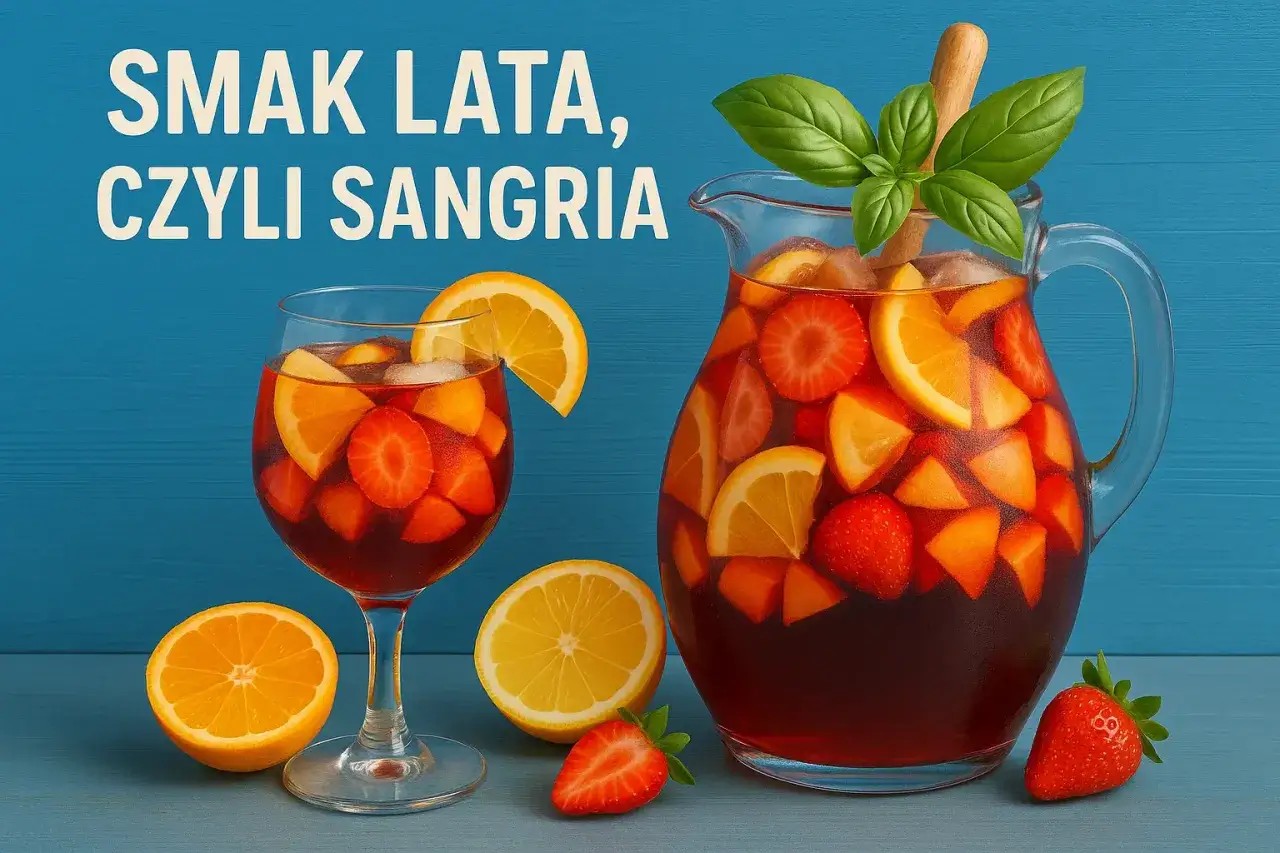 Jak przygotować domową sangrię z owocami i winem czerwonym: orzeźwiający napój z truskawkami, pomarańczami i cytryną w dzbanku i kieliszku.