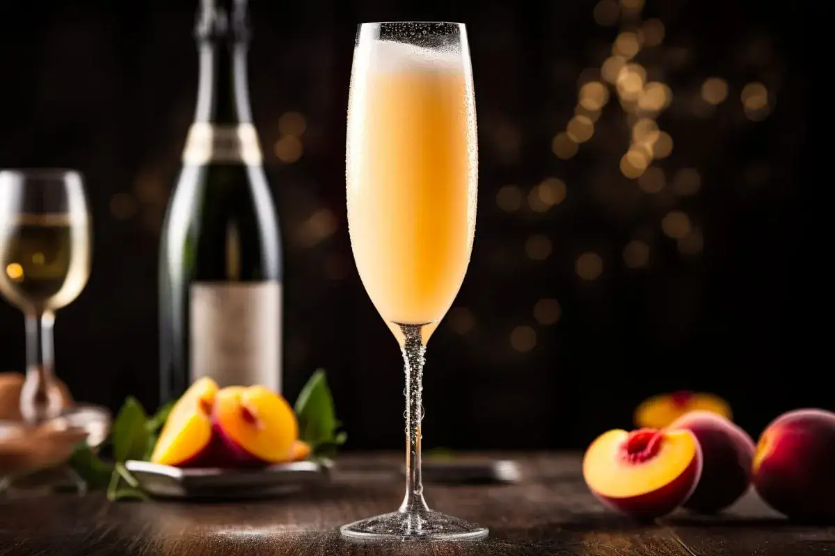 Orzeźwiający drink z prosecco, podany z brzoskwiniami, idealny na letnie wieczory.