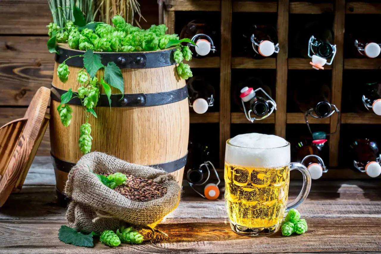 Chmielenie na zimno (dry hopping) to klucz do aromatu i goryczki piwa. Beczka chmielu, worek słodu i kufel złocistego trunku.
