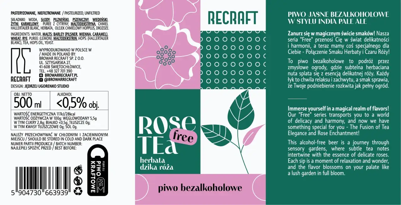Piwo bezalkoholowe RECraft Rose Tea. Skład i filtracja sugerują, że piwo rzemieślnicze jest zdrowsze od masowego.
