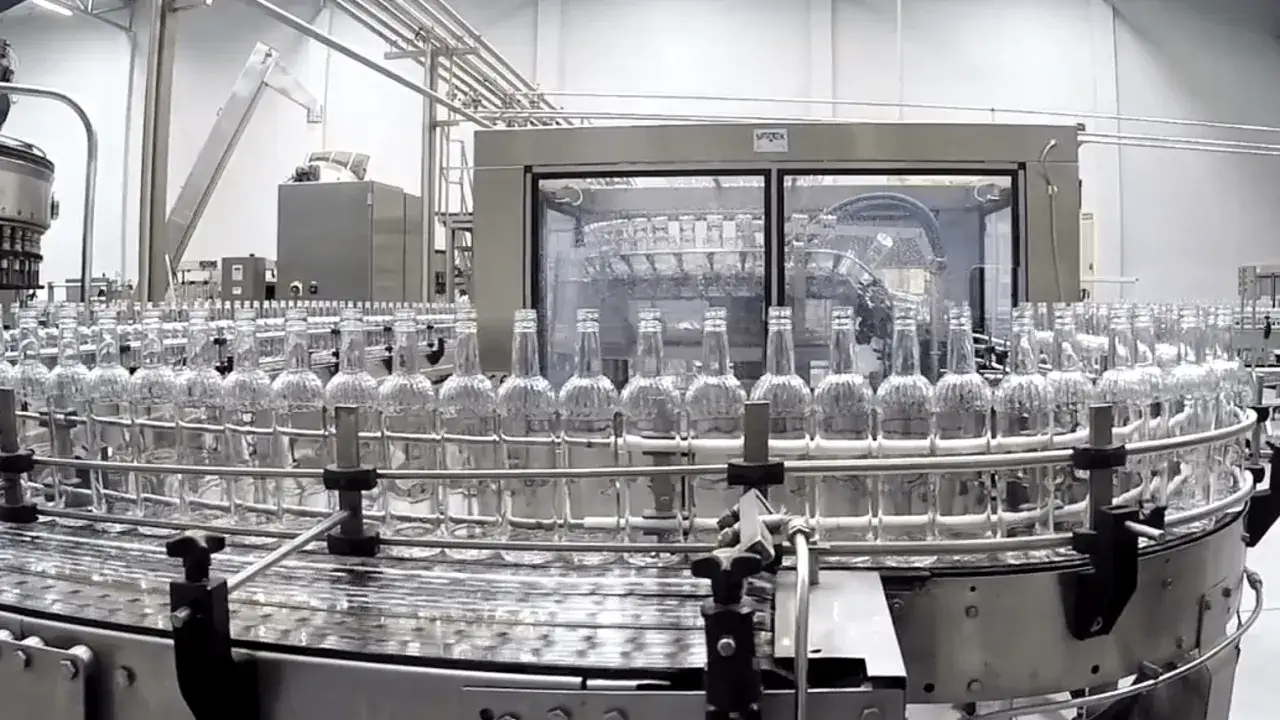 Linia produkcyjna z pustymi butelkami, przygotowana do rozlewu. To kluczowy etap w najlepszych technikach produkcji wódek rzemieślniczych (craft vodka).