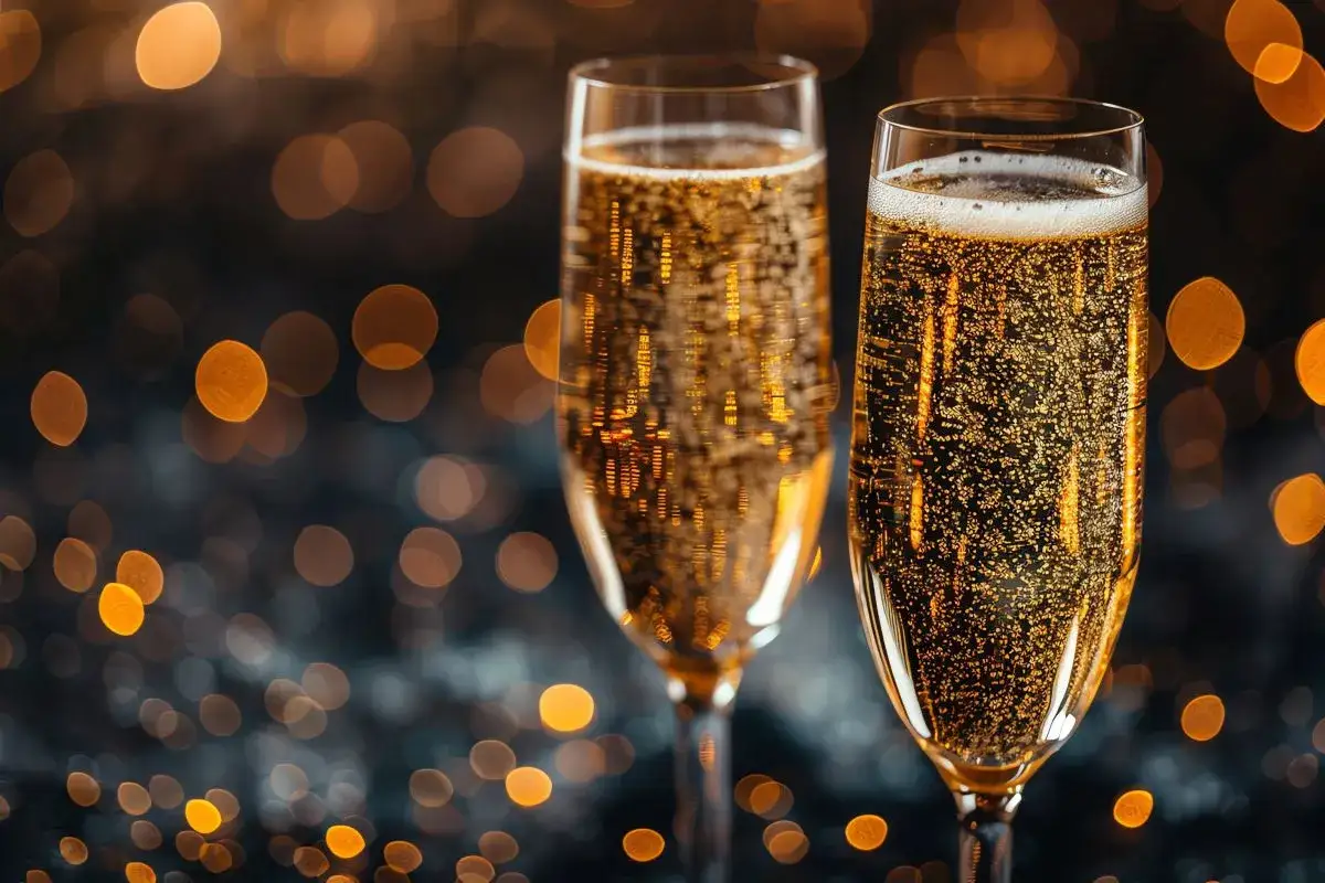 Dwa kieliszki musującego wina, pełne bąbelków, na tle rozmytych świateł. Zastanawiasz się, dlaczego wino musujące typu Prosecco jest tańsze od Szampana?