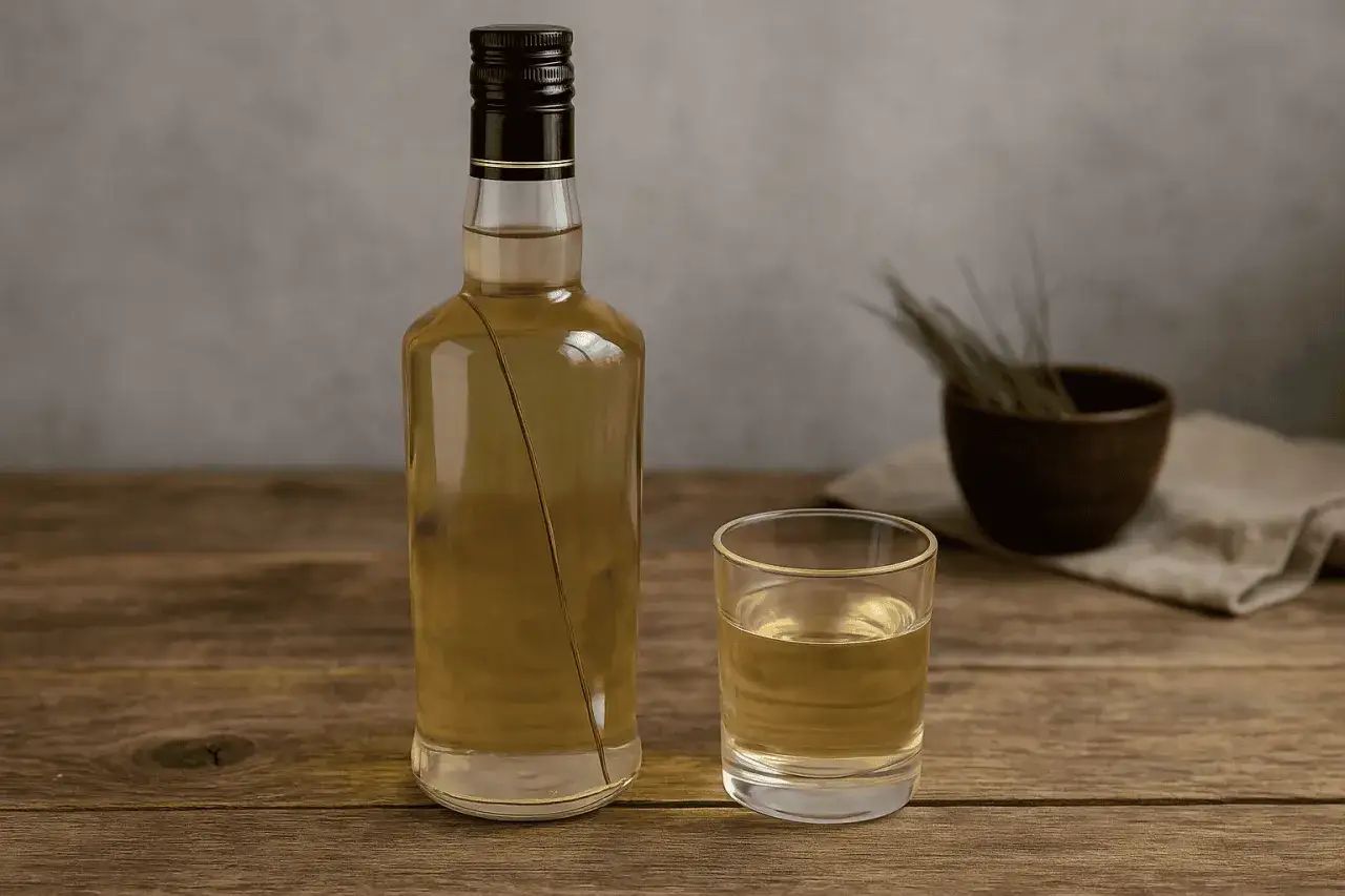 Butelka i kieliszek z żubrówką. Czy wódka z trawą żubrową (żubrówka) może być produkowana w domu?