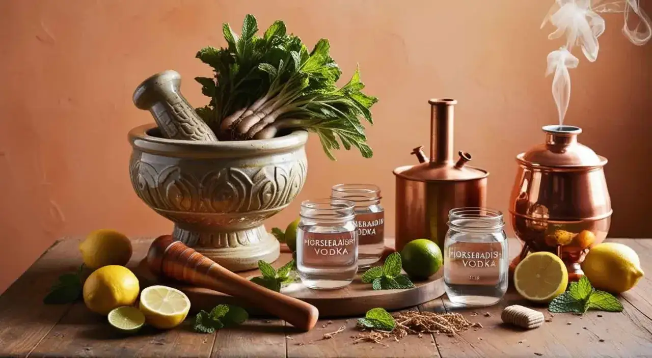 Jak przygotować infuzję wódki z chrzanem do krwawej mary: chrzan, cytryny, limonki, mięta, moździerz i miedziane naczynia.