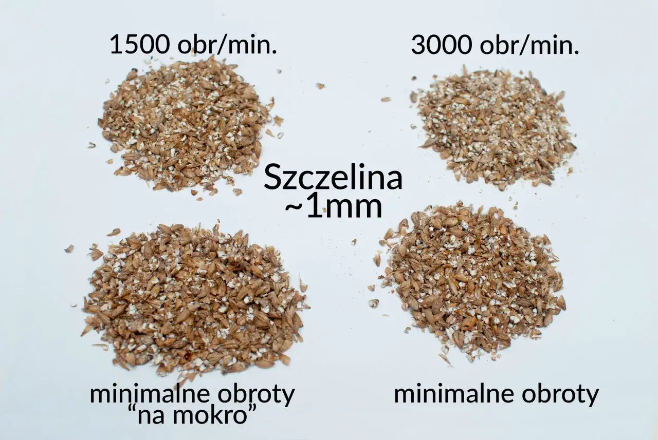 Porównanie śrutowania ziarna przy 1500 i 3000 obr/min z różnymi szczelinami. Pomaga zrozumieć przyczyny niskiej wydajności zacierania i jak lepiej śrutować ziarno.