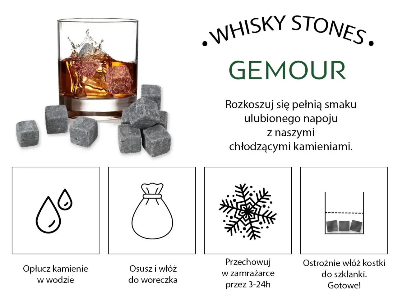 Kamienie do whisky Gemour: opłucz, osusz, przechowuj w zamrażarce 3-24h. Idealne do schłodzenia napoju.