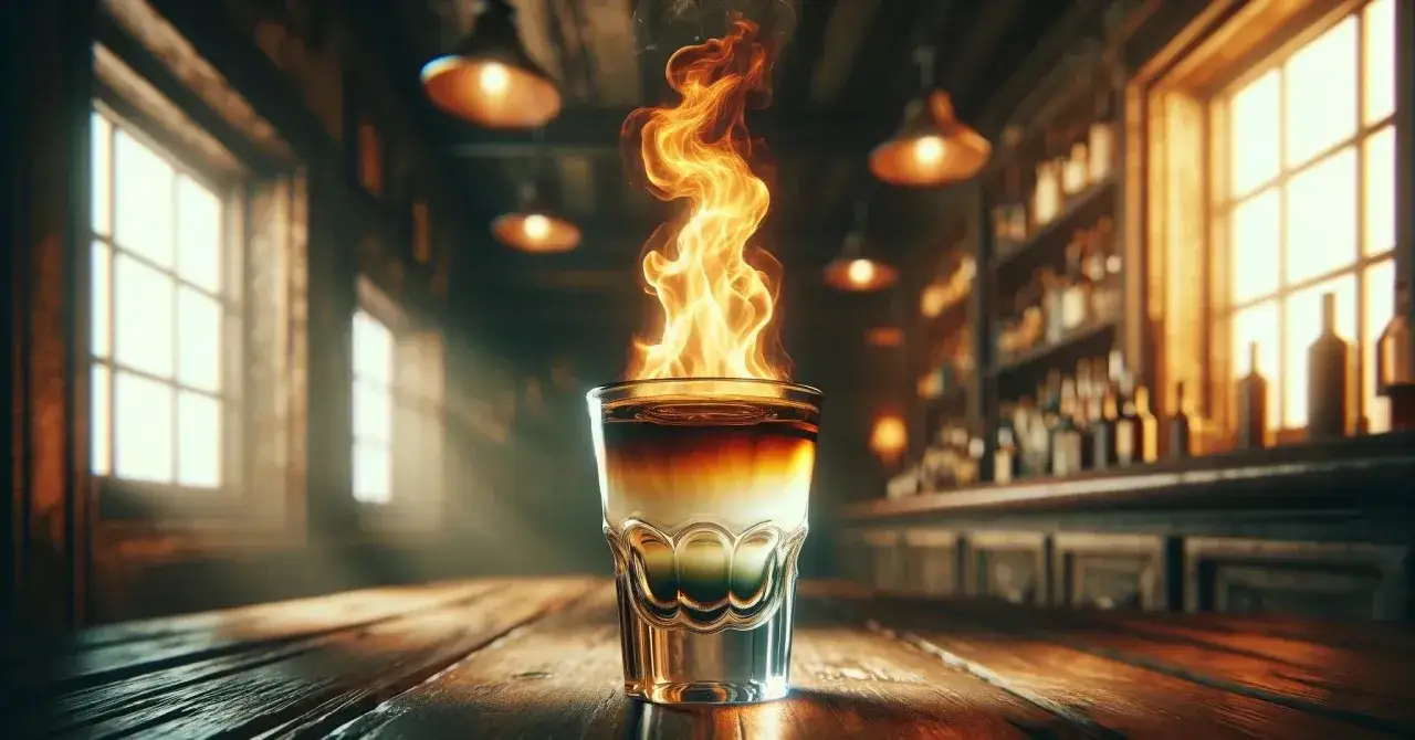 Płonący shot na drewnianym stole. Poznaj, jak przygotować płonące shoty, zasady bezpieczeństwa i technikę, by stworzyć ten efektowny drink.