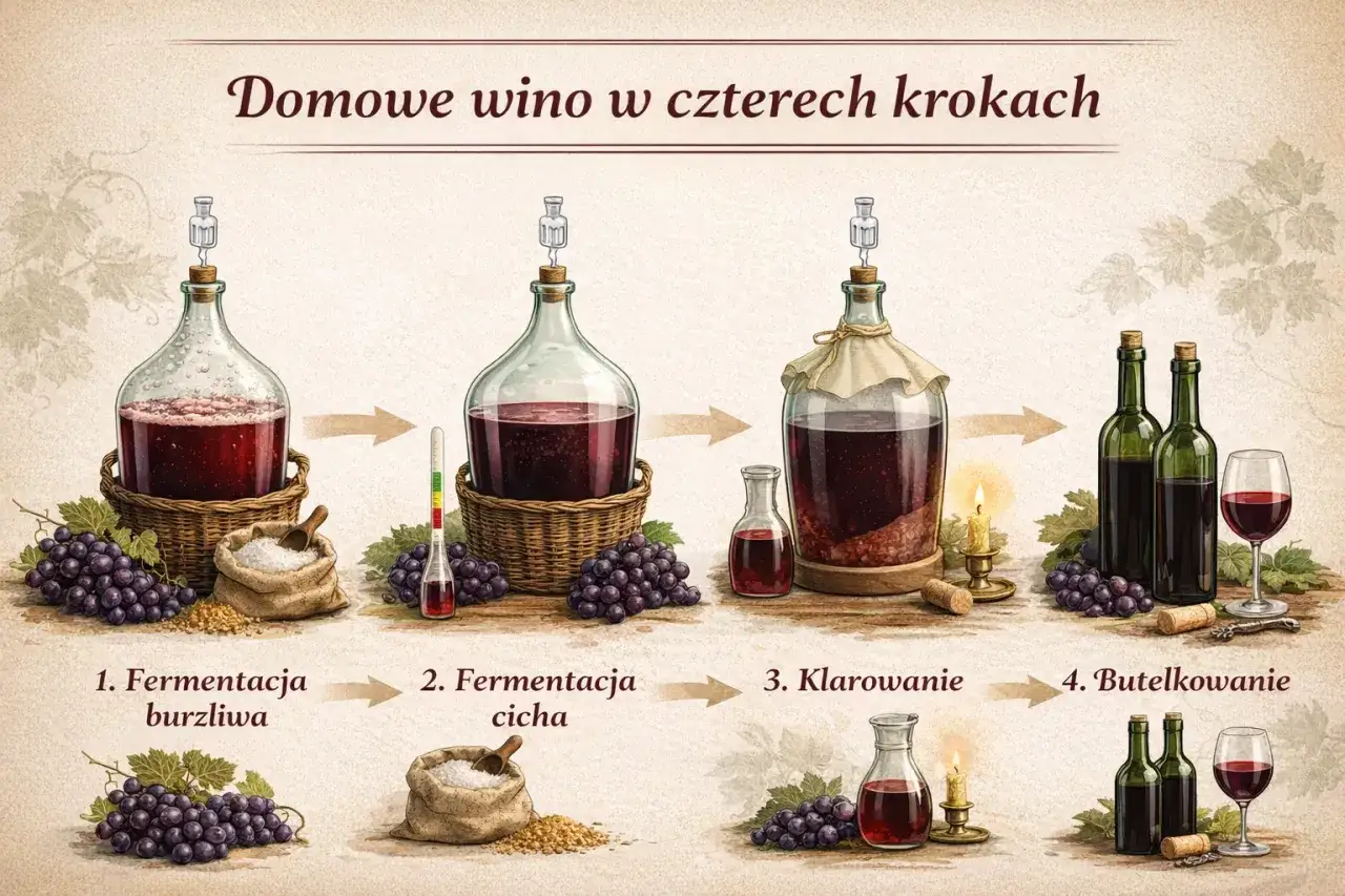 Ilustracja pokazuje cztery etapy: jak zrobić wino z winogron czerwonych wytrawne: fermentacja burzliwa, cicha, klarowanie i butelkowanie.
