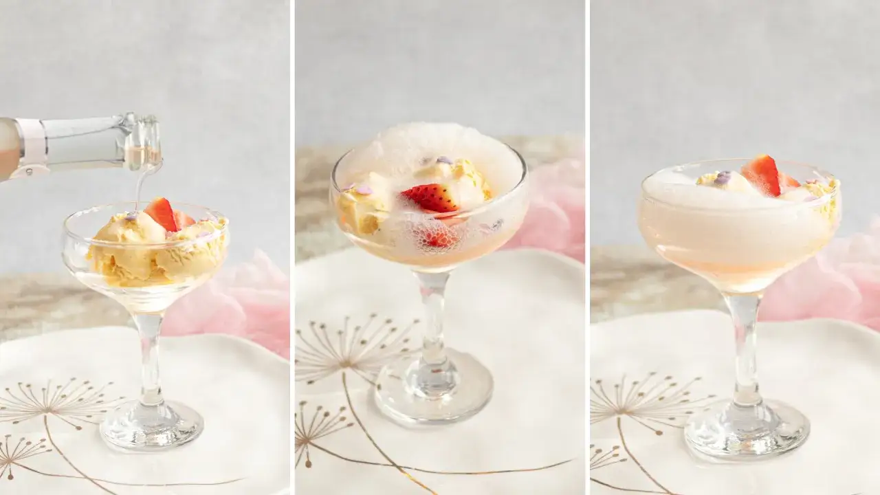 Deser lodowy z truskawkami i prosecco, tworzący orzeźwiający drink.