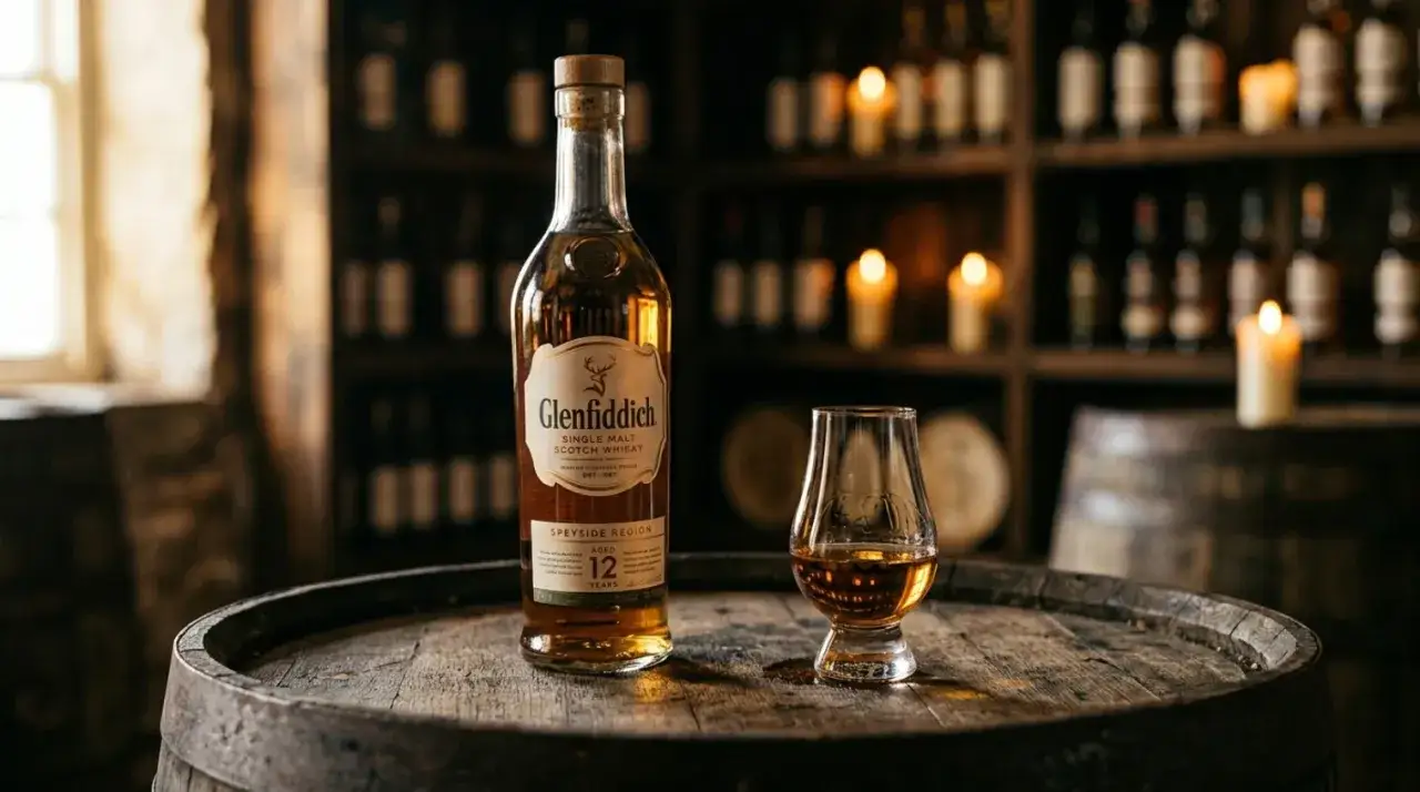 Butelka i kieliszek Glenfiddich 12 Year Old na beczce. Odkryj najlepsze techniki leżakowania whisky finiszowanie w beczkach po sherry.
