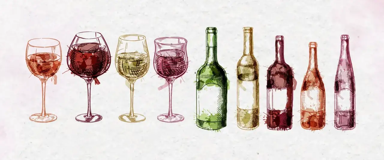 Różnica między winem wytrawnym a półwytrawnym to zawartość cukru. Ilustracja przedstawia kieliszki i butelki z winem.