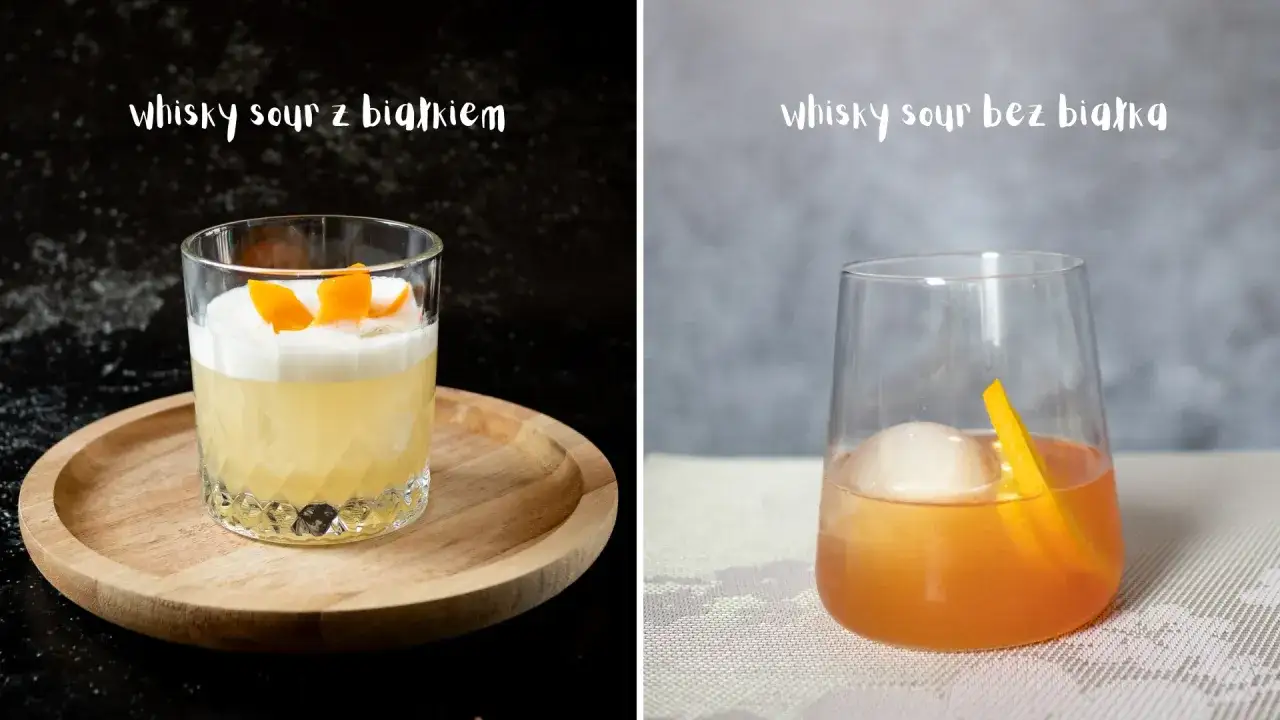 Dwa drinki: Whisky Sour z idealną pianką z białka i klasyczny Whisky Sour.