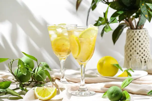 Orzeźwiający drink z limoncello, lodem i plasterkami cytryny, otoczony świeżymi owocami cytrusowymi.